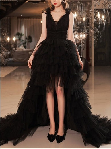 Vestido de fiesta de noche de tul de múltiples capas alto-bajo con espalda abierta